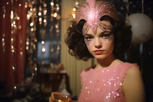 AI generated Vintage-style portrait of woman with starry pink headdress and matching sequined dress, holding a glass. Ideal for retro-themed events. Concept for masquerade, holiday, corporate party photo