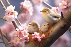 ai generado Tres aves descanso en un desayuno tardío árbol en medio de floreciente rosado flores, ideal para con temas de la naturaleza contenido foto