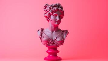 AI generated Antique sculpture of a female bust on a vibrant pink red background, ideal for contemporary art projects photo