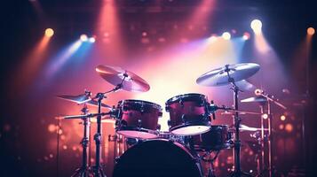 AI generated Drums bathed in dramatic neon stage lights, setting the mood for a performance. Great for music event materials and nightlife advertising photo