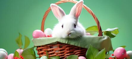 AI generated Cute Rabbit in basket with colorful Easter eggs. Festive bunny. For greeting card, invitation. postcard, poster, banner, web design. Ideal for Easter celebrations. Green background. photo