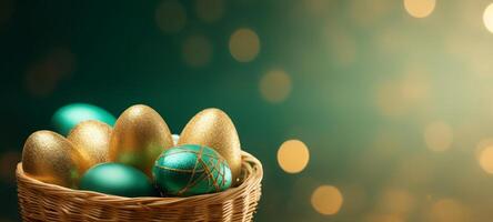 AI generated Emerald and gold Easter eggs in wicker basket on dark green background. Banner with copy space. Perfect for elegant Easter themes and upscale holiday marketing, highlighting luxury photo