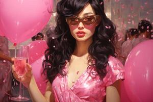 AI generated Illustration of a young woman in a sparkling pink dress and a sunglasses, with a glass of champagne, set against a festive background. Concept for masquerade, holiday and corporate party. photo