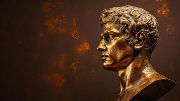 AI generated Gold antique statue of male head on a dark brown textured background. Ideal for contemporary art projects. Banner with copy space. photo