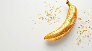 AI generated Shiny golden banana made of gold on a white background, symbolizing luxury and success, ideal for upscale branding and sophisticated graphic themes. Banner photo