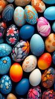 AI generated Various colorful Easter eggs with unique patterns against a dark background. Top view. Copy space. Suitable for Easter celebration content and design projects. Vertical format. photo