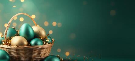 AI generated Gold and emerald Easter eggs in a basket, on rich green background. Banner with copy space. For refined Easter event promotions and high-end springtime decor, symbolizing affluence photo