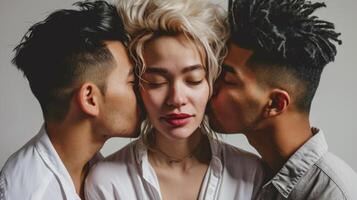 AI generated Blond woman in a white shirt kissed by two men. Trio relationship concept. Intimate moment in romantic trio. Complex relationships and connection. Contemporary love and intimacy. Polygamy photo