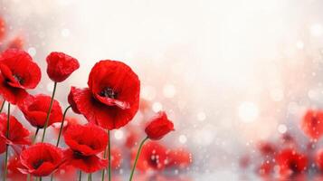 AI generated Red poppies on light background with glitter and bokeh. Banner with copy space. Perfect for poster, banner, greeting card, event invitation, promotion, advertising, print, elegant design. photo