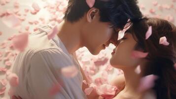 AI generated Asian Couple in tender embrace surrounded by falling pink rose petals. Romantic moment. Ideal as postcard for Valentines Day, wedding, or love story themes. Concept of romance photo