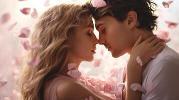 AI generated Couple in a tender embrace surrounded by falling pink rose petals. Romantic moment. Ideal as a postcard for Valentines Day, wedding, anniversary or love story themes. Concept of romance photo