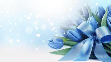 AI generated Blue tulips bouquet with ribbon bow on light background with bokeh. Banner with copy space. Ideal for poster, greeting card, event invitation, promotion, advertising, print photo