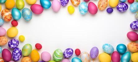 AI generated Colorful Easter eggs on a white background. Suitable for spring event announcements and holiday marketing. Represents Easter elegance. Top view. Banner with copy space. photo