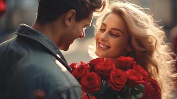 AI generated A man in love gives a smiling blonde woman a bouquet of red roses. Happy couple. Romantic moment. Ideal for love, relationships, and Valentines celebrations. photo