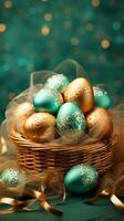 AI generated Basket of ornate teal and gold Easter eggs set against a teal background. With copy space. Ideal for festive decoration themes and Easter holiday concepts. Vertical format. photo