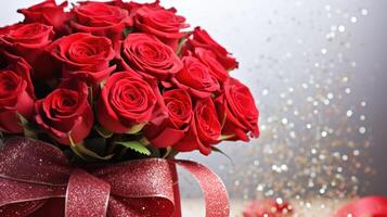 AI generated Red roses bouquet on a light background with glitter and bokeh. Banner with copy space. Perfect for poster, greeting card, event invitation, promotion, advertising, print, elegant design photo