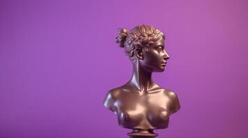 AI generated Antique bronze sculpture of female figure against a vibrant purple backdrop, perfect for cultural and artistic representation. Banner with copy space. photo