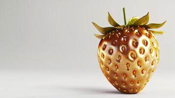 AI generated Golden strawberry made of gold with elegant design, on white backdrop. Ideal for marketing high-end products or services, epitomizes luxury and sophistication. Jewelry fruit. Banner photo