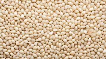 AI generated Top view of White sesame seeds. Background texture of raw White sesame seeds. Superfood. Copy space. Banner. Perfect for culinary and food concepts photo