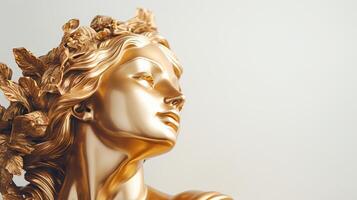 AI generated Gold antique statue of a female head on a light solid background. Ideal for contemporary art projects. Banner with copy space. photo