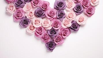 AI generated Floral Heart. Pink, purple and creamy roses arranged in a heart shape on a white background. Ideal for Valentines Day, anniversaries, or romantic occasions photo