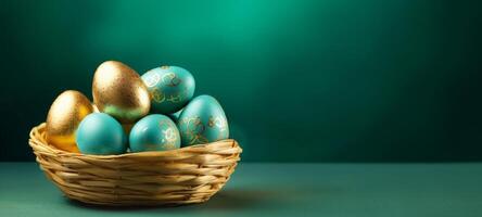 AI generated Gold and Teal Easter eggs in basket, set before rich green background. Banner with copy space. For refined Easter event promotions and high-end springtime decor, symbolizing affluence photo