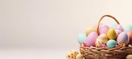 AI generated Colorful Easter eggs with intricate designs in rustic basket on white background. Banner with copy space. Suitable for spring holiday marketing and festive decoration visuals. photo