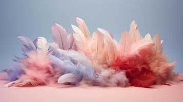 AI generated Ethereal feather arrangement with a soft color gradient, lending itself to designs that require a touch of natural elegance and lightness, like beauty and spa branding. photo