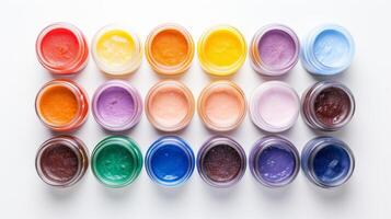 AI generated Colorful array of paint jars showcasing a rainbow selection for artists and hobbyists, on a clean background. Top view. photo