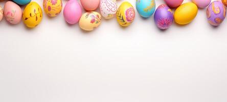 AI generated An assortment of hand-painted Easter eggs on white background. Banner with copy space. Ideal for Easter-related marketing and seasonal greeting cards. Conveys a sense of spring photo