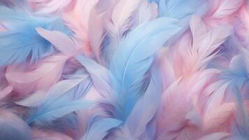 AI generated Feathers in pastel colors of pink and blue. Feathers texture background. Can be used as Backdrops for design projects, Fashion or decor. Concept of Softness and elegance. Fluffy. photo