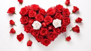 AI generated Floral Heart. Red and white roses arranged in heart shape on a white background. Ideal for Valentines Day, anniversaries, or romantic occasions photo