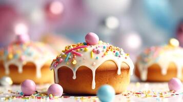 AI generated Vibrant Easter Kulich topped with smooth glaze and colorful candies set against a festive backdrop. Traditional Russian Easter cupcakes. Festive bread. Ideal for holiday promotions photo