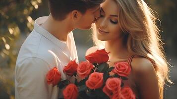 ai generado hombre en amor da un contento mujer un ramo de flores de rojo rosas. romántico Pareja en un fecha. en un borroso antecedentes. ideal para amar, relaciones, y san valentin celebraciones foto