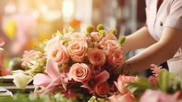 AI generated Female hands make beautiful bouquet of peach pink roses in floral shop. Florist workplace. Banner with copy space. Ideal for Valentines Day promotions, flower shop advertisements, photo