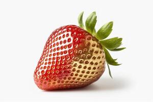 AI generated Gold-toned strawberry with vivid red details on a white background, ideal for unique culinary presentations or design elements in food styling photo