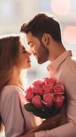 AI generated Kissing couple holding a bouquet of roses, with a blurred background. Suitable for romantic or Valentines themed content. Vertical format photo