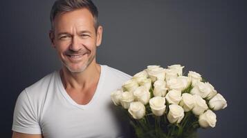 AI generated Joyful gentleman with a bouquet of white roses, conveying feelings of love and respect. Use as Romantic surprises, Date nights, Wedding anniversaries. Banner with copy space photo