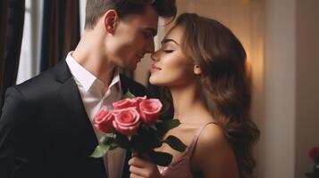 ai generado hombre en amor da un contento mujer un ramo de flores de rosas. romántico Pareja en un fecha. en un borroso antecedentes. ideal para amar, relaciones, y san valentin celebraciones foto