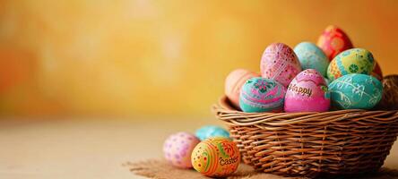 AI generated Hand-painted Easter eggs in a natural basket, on a golden background. Perfect for seasonal advertising, greeting cards, and holiday craft ideas. Banner with copy space. Easter photo