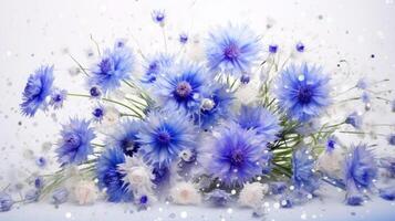 AI generated Blue cornflowers in full bloom on light background with glitter and bokeh. Banner with copy space. Perfect for poster, greeting card, event invitation, promotion, advertising, print photo