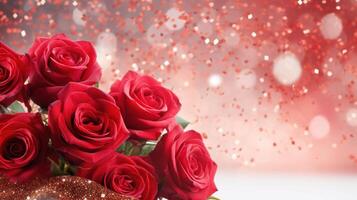 AI generated Red roses bouquet on light background with glitter and bokeh. Banner with copy space. Perfect for poster, greeting card, event invitation, promotion, advertising, print, elegant design. photo