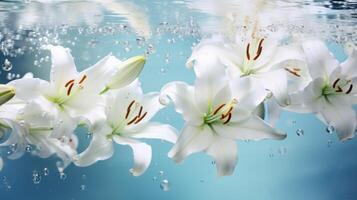 AI generated White lilies bouquet under light blue clear water with bubbles and droplets. Banner with copy space. Good for poster, greeting card, event invitation, promotion, advertising, print photo