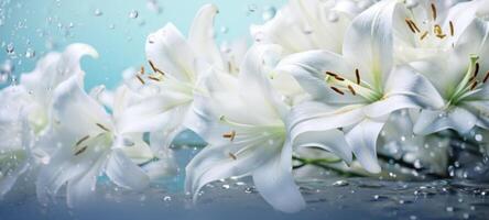 AI generated White lilies bouquet under light blue clear water with bubbles and droplets. Banner with copy space. Perfect for poster, greeting card, event invitation, promotion, advertising, print photo