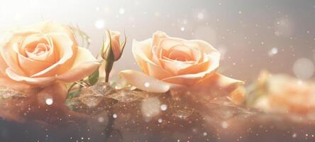 AI generated Peach roses bouquet on light background with glitter and bokeh. Banner with copy space. Ideal for poster, greeting card, event invitation, promotion, advertising, print, elegant design. photo