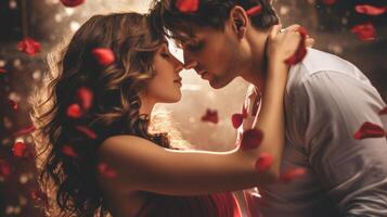 AI generated Couple in a tender embrace surrounded by falling red rose petals. Romantic moment. Ideal as a postcard for Valentines Day, wedding, anniversary, or love story themes. Concept of passion photo