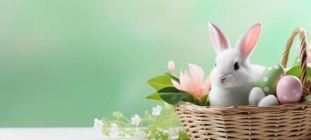 AI generated Cute Rabbit in basket with colorful Easter eggs. Festive bunny. Banner with copy space. For greeting card, invitation. postcard, poster, web design. Ideal for Easter celebrations. photo