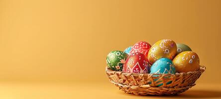 AI generated Colorful Easter eggs with intricate designs in rustic basket on warm orange background. Suitable for spring holiday marketing and festive decoration visuals. Easter traditions. Banner photo