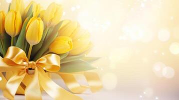 AI generated Yellow tulips bouquet with ribbon bow on light background with bokeh. Banner with copy space. Ideal for poster, greeting card, event invitation, promotion, advertising, photo