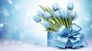 AI generated Blue tulips bouquet with ribbon bow on light background with bokeh. Banner with copy space. Ideal for poster, greeting card, event invitation, promotion, advertising, print photo